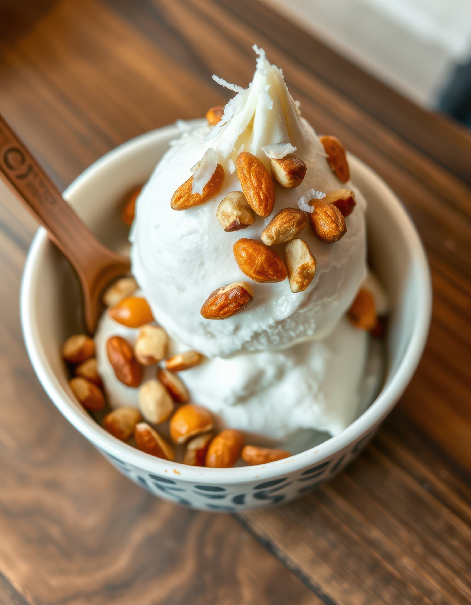 Delicious bowl of ice cream topped with roasted nuts served in a cozy cafe in the afternoon sunlight